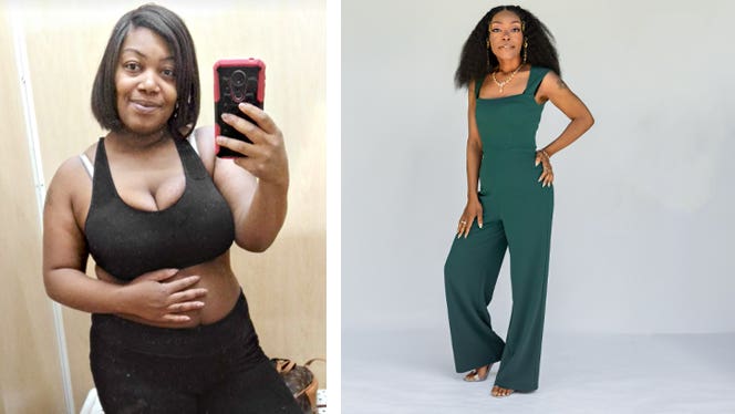 shaquila-before-after Two photos of Shaquila Germany - on the left, a mirror selfie, on the right, Shaquila after she cut out animal products and oil for her weight, arthritis, and blood pressure, having lost weight
