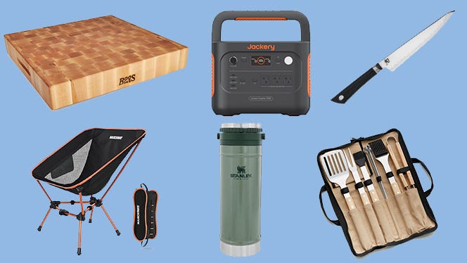 A collage of gift ideas for Father's Day and graduation, including a Boos wooden chopping board, Stanley travel mug, chef's knife,