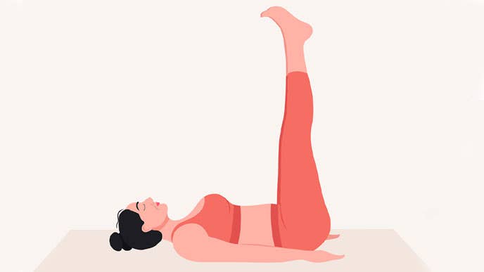 Illustration of a woman in Legs Up the Wall restorative yoga pose (Viparita Karani)